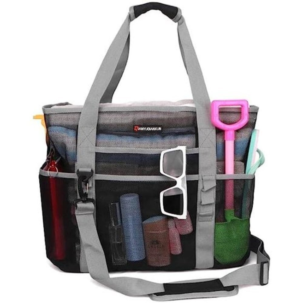 Mesh Beach Bag 40L Large with 9 Pockets Bags Black and Grey